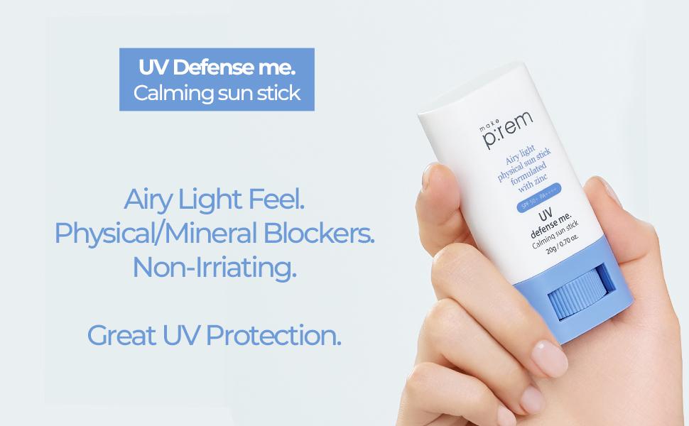 MAKEPREM UVA UVB Defense Me Calming Sun Stick Sunblock SPF 50+ PA++++ 0.7 Oz VEGAN Sensitive Oily Acne-Prone Skin Reef-Safe Mineral Sunscreen
